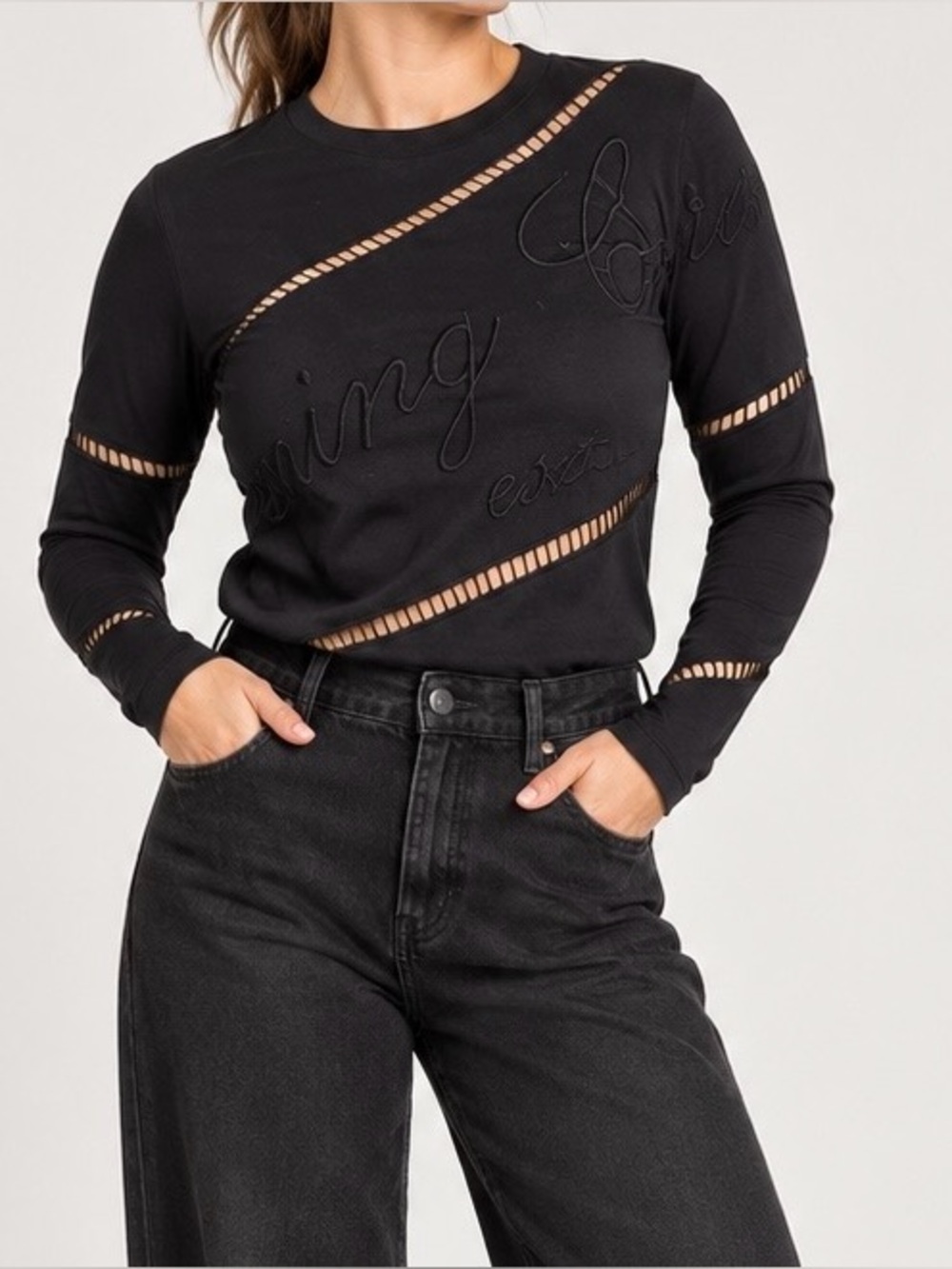 Opening Ceremony Eyelet Black Cotton Knit Cutout Embroidered Crew Neck Top S